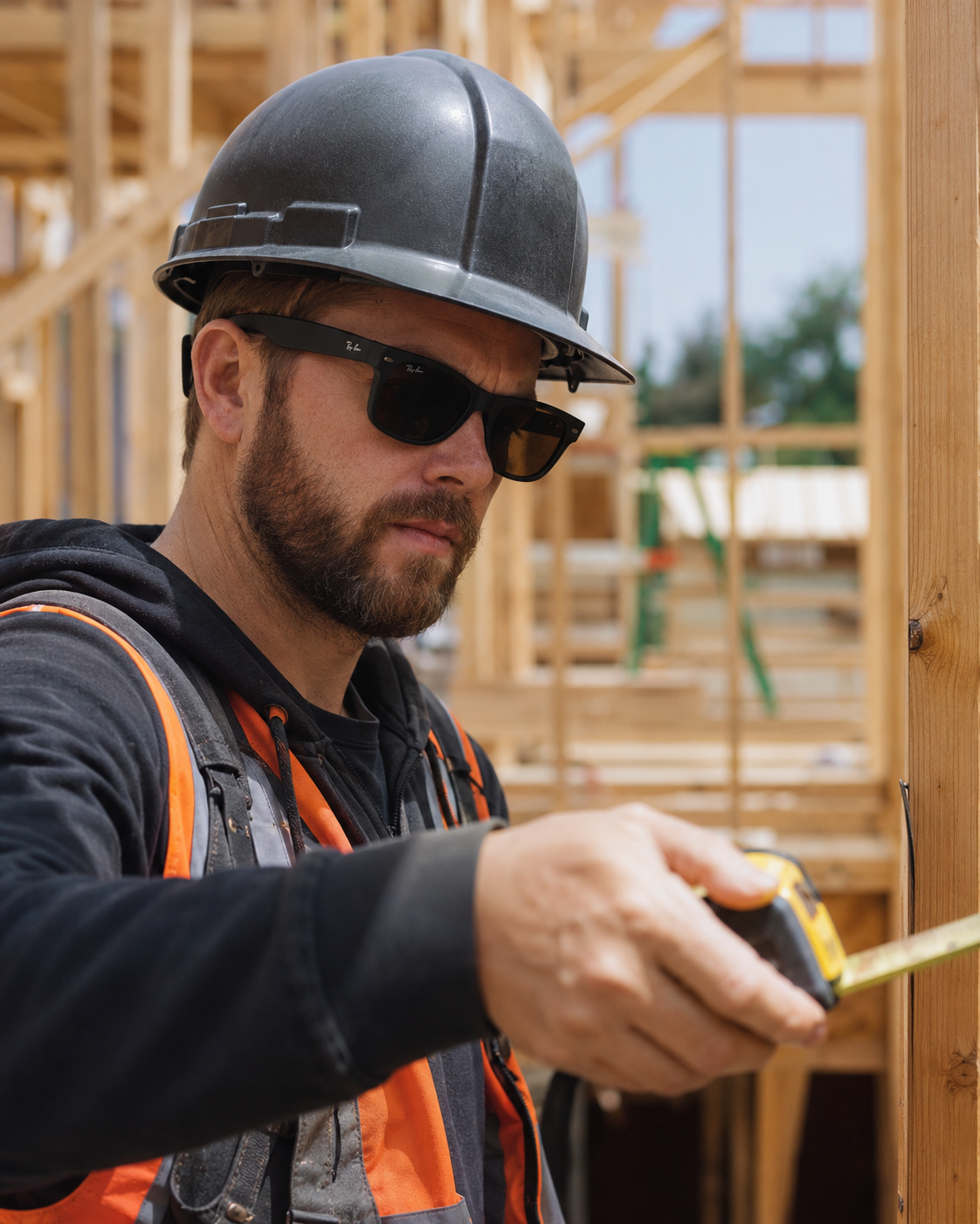 Trades professional measuring lumber on an active job site